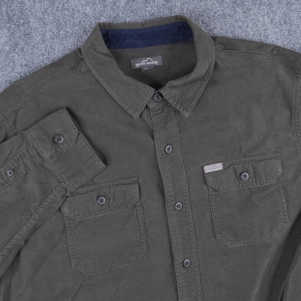 Eddie Bauer Button Up Shirt Mens Large Olive Green Micro Waffle Textured Long Sl